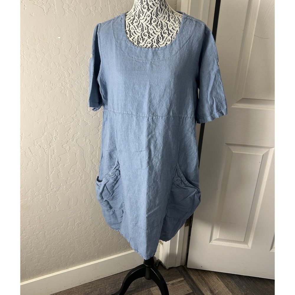 Vasna Shift Dress Womens XL Blue Linen Short Sleeve Scoop Neck Pockets Casual